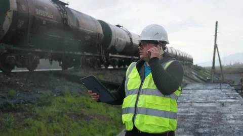Caucasian male worker doing work with phone at station near freight trains. Stock Footage 273817334