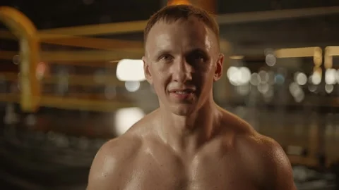 Caucasian man boxer looking at camera with serious look and smiling Stock Footage 271407128