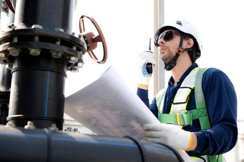 Caucasian man engineer inspector looking blueprint on rooftop, technician u.. Stock Photos