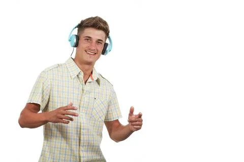 Caucasian man gesturing with hands while listening to music with headphones Stock Photos