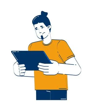 Caucasian man holding tablet with concern 2D doodle character Illustrazione stock