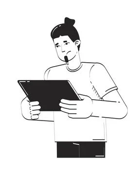 Caucasian man holding tablet with concern doodle linear character Stock Illustration