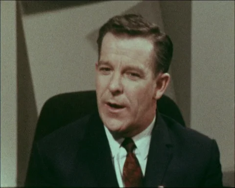 Caucasian man interviewing another man about new electronic music making, 1968 Video stock 133362066