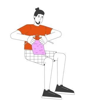 Caucasian man knitting 2D linear cartoon character Stock Illustration