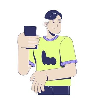 Caucasian man looking concerned while holding smartphone 2D cartoon character Stock Illustration