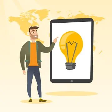 Caucasian man pointing at a big tablet computer. Stock Illustration