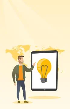 Caucasian man pointing at a big tablet computer. Illustrazione stock