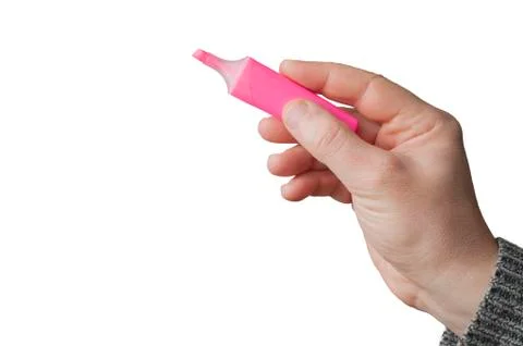 Caucasian man pointing using a pink highlighter, isolated on white background Stock Photos
