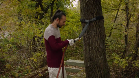 Caucasian man sets slackline between trees in the autumn forest. 스톡 동영상 142253157