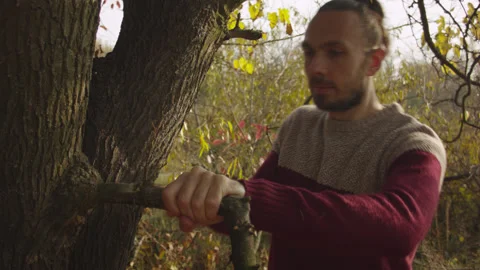 Caucasian man sets slackline between trees in the autumn forest. 스톡 동영상 142281267
