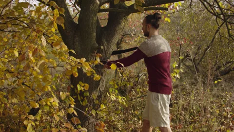 Caucasian man sets slackline between trees in the autumn forest. 스톡 동영상 142284463