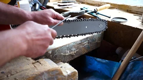 Caucasian man sharpening the chainsaw Stock Footage 309933163