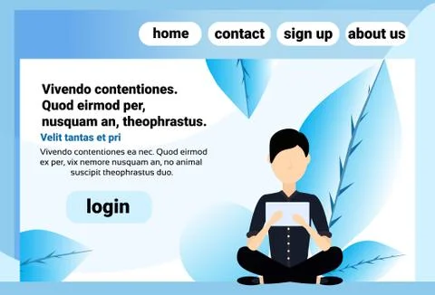 Caucasian man sitting pose using tablet male faceless cartoon character flat Illustrazione stock