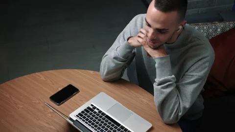Caucasian man talking to camera, smiling guy speaking looking at webcam making Stock Footage 144068452