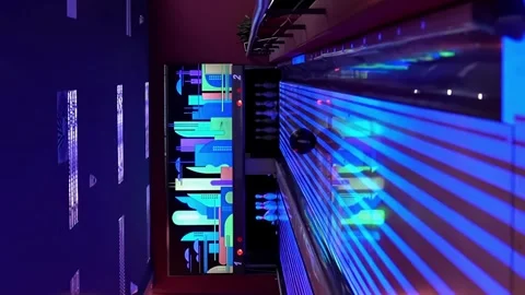 Caucasian man throws a ball while bowling in trade center, vertical shot Vidéo 249475356