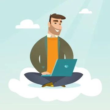 Caucasian man using cloud computing technologies. Illustrazione stock
