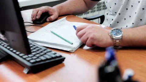 Caucasian man using desktop computer in office, hand mouse click 스톡 동영상 157488519