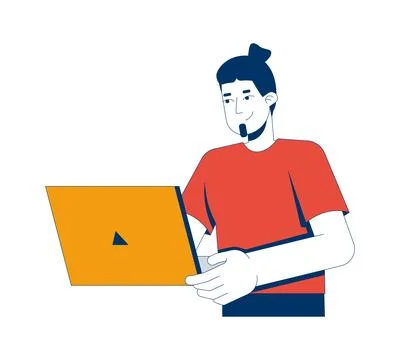 Caucasian man using laptop 2D cartoon character 스톡 일러스트