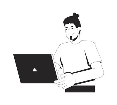Caucasian man using laptop 2D line character Illustrazione stock