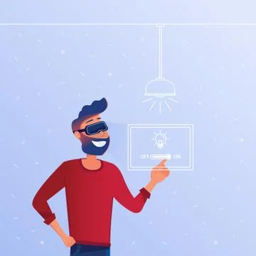 A caucasian man in VR headset operating smart house. Stockillustratie
