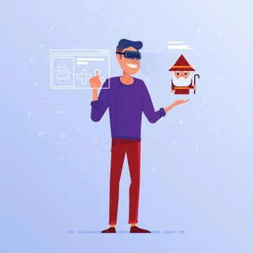 A caucasian man in VR headset playing online game. Stockillustratie