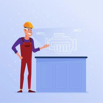 A caucasian man in VR headset testing virtual engine. Illustrazione stock