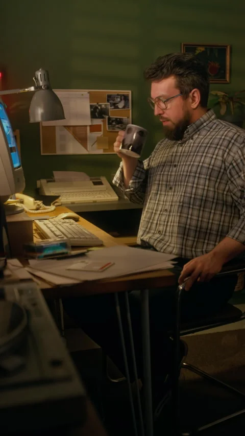 Caucasian Man Waiting for Internet Connection on Retro Computer Stock Footage 327234360