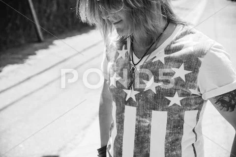 Man wearing outlet american flag shirt