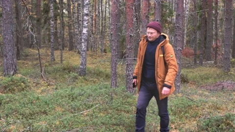 Caucasian man wearing backpack walking in the autumn coniferous forest Stock Footage 163032925