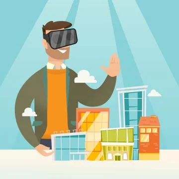 Caucasian man wearing virtual reality headset. Illustrazione stock
