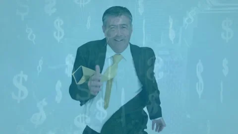 Caucasian man wearing vr headset against vector and copy space on blue Video stock 326627015