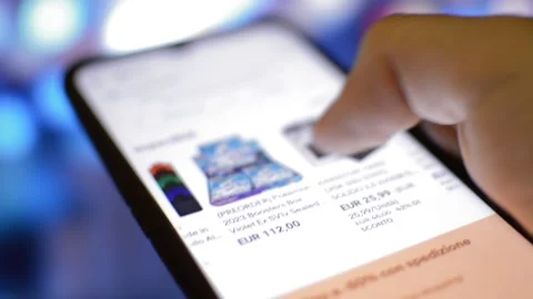 Caucasian man's hand do shopping with ebay app on iphone. phone e bay. Stock Footage 228907370