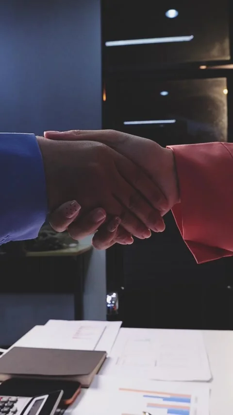 Caucasian middle aged man shaking hands with Caucasian young adult woman du.. Stock Footage 341615245