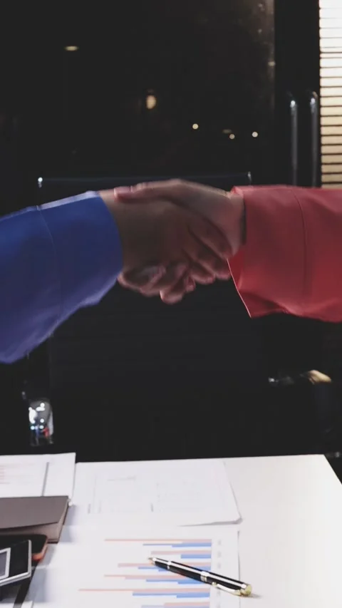 Caucasian middle aged man shaking hands with Caucasian young adult woman du.. Stock-Footage 341615293