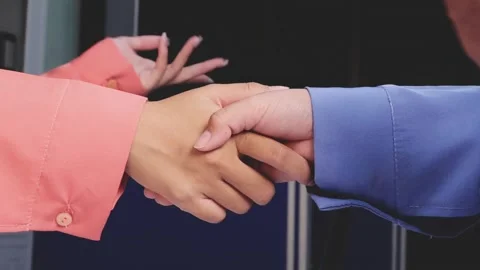 Caucasian middle aged man shaking hands with Caucasian young adult woman du.. Stock Footage 341615307