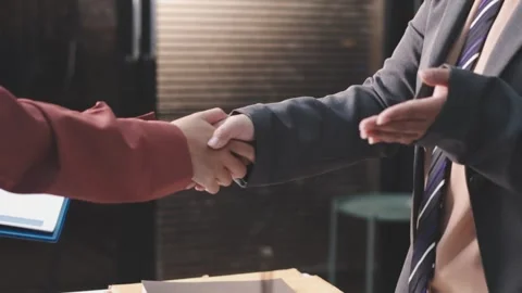 Caucasian middle aged man shaking hands with Caucasian young adult woman du.. Stock Footage 341615371