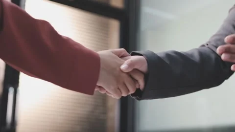 Caucasian middle aged man shaking hands with Caucasian young adult woman du.. Stock Footage 341615386