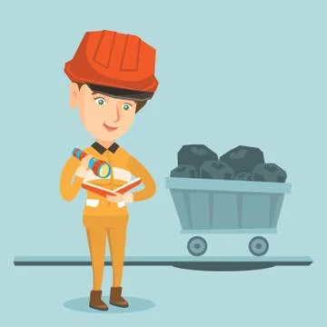 Caucasian miner checking documents with flashlight Stock Illustration