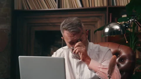 Caucasian old man holding head headache ill unhealthy medicine suffer takes off Video stock 289048080