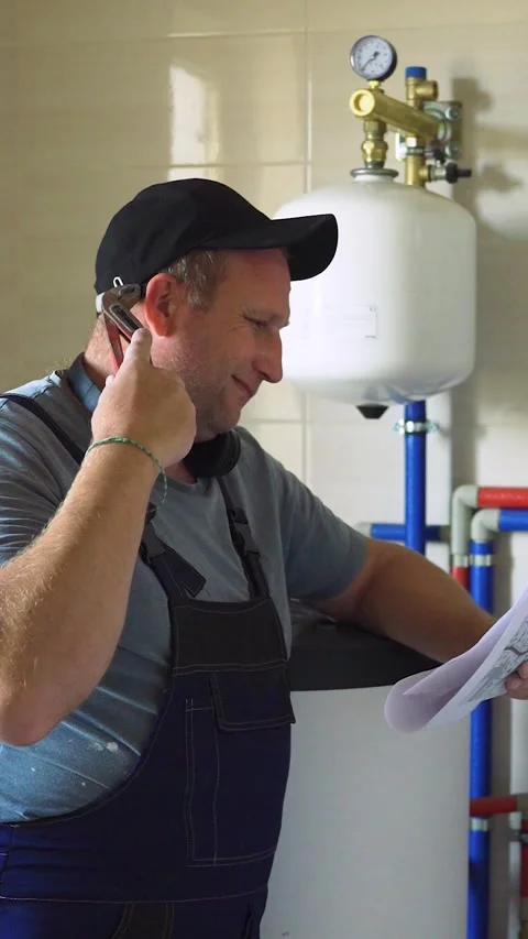 Caucasian plumber examining design documentation for homes heating system Video stock 324047085