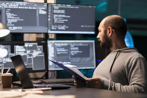 Caucasian Programmer with clipboard glancing at large displays of coding data Stock-Fotos