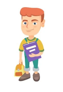 Caucasian pupil with backpack and textbook. Stock Illustration