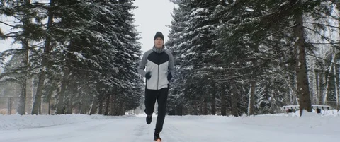 Caucasian runner training in park among fir trees in winter. outdoor workout Stock Footage 120292243