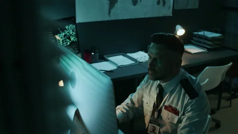 Caucasian Serviceman Working on Computer at Military Command Center Stock Footage 296153043
