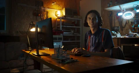 Caucasian Software Developer Using Computer In Garage Stock Footage 256000162