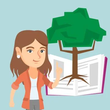 Caucasian student pointing at tree of knowledge. Stock Illustration