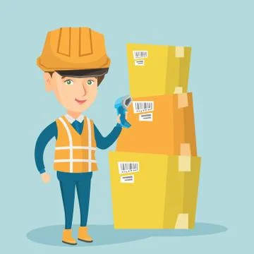 Caucasian warehouse worker scanning barcode on box Stockillustratie