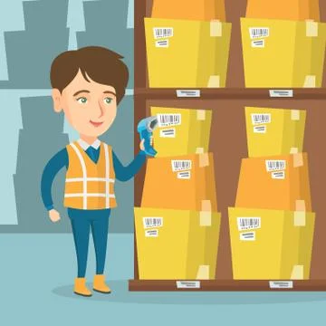 Caucasian warehouse worker scanning barcode on box 库存插图