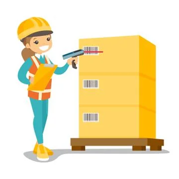 Caucasian warehouse worker scanning barcode on box 库存插图