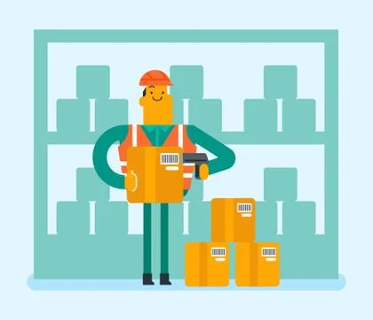 Caucasian warehouse worker scanning barcode on box 库存插图